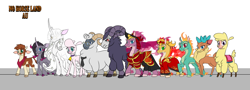 Size: 4420x1600 | Tagged: safe, artist:redahfuhrerking, derpibooru import, arizona cow, oleander, paprika paca, pom lamb, tianhuo, velvet reindeer, oc, alpaca, classical unicorn, cow, deer, dragon, hybrid, longma, reindeer, sheep, unicorn, them's fightin' herds, alternate universe, cloven hooves, community related, leonine tail, size chart, size comparison, unshorn fetlocks