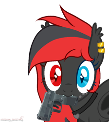 Size: 650x725 | Tagged: safe, artist:housston, derpibooru import, oc, oc only, oc:sharpe, bat pony, pony, bat pony oc, commission, ear fluff, ear piercing, ears, fangs, female, freckles, gun, handgun, heterochromia, looking at you, mare, mouth hold, piercing, pistol, solo, weapon, ych result