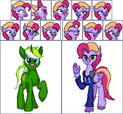 Size: 304x282 | Tagged: safe, artist:zeka10000, derpibooru import, oc, oc:circuit mane, oc:luminous wave, classical hippogriff, hippogriff, pony, unicorn, clothes, commission, confused, derp, emoji, emotions, eyes closed, female, grin, happy, headphones, hoodie, laughing, looking at you, male, pixel art, raised hoof, raised leg, sad, scared, shocked, simple background, smiling, smirk, stallion, suspicious, tongue, tongue out, transparent background