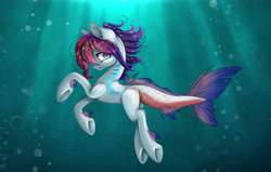 Size: 1280x813 | Tagged: safe, artist:say-burn-in-heaven, derpibooru import, oc, oc only, pony, bubble, crepuscular rays, fins, fish tail, flowing mane, looking at you, ocean, purple eyes, solo, sunlight, swimming, tail, underwater, water
