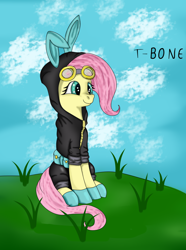 Size: 1280x1721 | Tagged: safe, artist:t-bon3thepony, derpibooru import, fluttershy, pony, clothes, cloud, costume, dangerous mission outfit, female, goggles, grass, hoodie, mare, outdoors, sitting, sky, smiling, solo, three quarter view