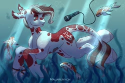 Size: 1500x1000 | Tagged: safe, artist:malarunych, derpibooru import, oc, oc only, fish, pony, bubble, clothes, microphone, ocean, solo, swimming, tail, underwater, water