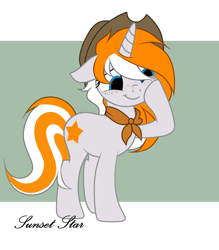 Size: 1050x1199 | Tagged: safe, artist:adele4, derpibooru import, oc, oc only, oc:sunset star, pony, unicorn, commission, cowboy hat, female, freckles, hat, horn, mare, neckerchief, solo, unicorn oc, ych result