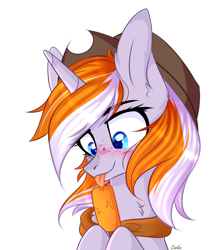 Size: 1480x1654 | Tagged: safe, artist:cookie, derpibooru import, oc, oc only, oc:sunset star, unicorn, blushing, cowboy hat, cute, eating, female, food, freckles, hat, heart eyes, horn, licking, mare, neckerchief, popsicle, simple background, solo, tongue, tongue out, transparent background, unicorn oc, wingding eyes