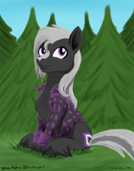 Size: 1100x1400 | Tagged: safe, artist:rockhoppr3, derpibooru import, oc, oc only, oc:ace hearts, earth pony, pony, clothes, flannel shirt, grass, pine tree, sitting, solo, tree