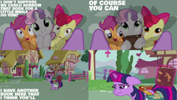 Size: 1280x720 | Tagged: safe, derpibooru import, edit, edited screencap, editor:quoterific, screencap, apple bloom, scootaloo, sweetie belle, twilight sparkle, unicorn twilight, earth pony, pegasus, pony, unicorn, hearts and hooves day (episode), adorabloom, apple bloom's bow, bag, book, bow, c:, cute, cutealoo, cutie mark crusaders, diasweetes, female, filly, hair bow, magic, mare, open mouth, saddle bag, smiling, telekinesis