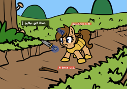 Size: 865x601 | Tagged: safe, artist:neuro, oc, oc only, pony, unicorn, adorable distress, armor, blue eyes, cute, dialogue, female, frown, game mechanics, guardsmare, hoof shoes, horn, innocent guardsmares, looking at something, magic, mare, open mouth, royal guard, rpg, scared, solo, stick, sweat, telekinesis, text, unicorn oc, wide eyes