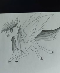 Size: 1080x1321 | Tagged: safe, artist:katkatdesign, derpibooru import, rainbow dash, pegasus, pony, eyelashes, female, grayscale, lineart, mare, monochrome, smiling, solo, traditional art, wings