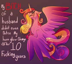 Size: 4065x3588 | Tagged: safe, artist:unfinishedheckery, derpibooru import, princess cadance, alicorn, pony, crying, dialogue, digital art, horn, makeup, out of character, princess bitchdance, running makeup, spread wings, tail, talking, text, vulgar, wings