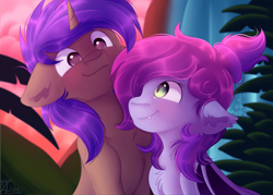 Size: 1920x1371 | Tagged: safe, artist:zobaloba, derpibooru import, oc, oc only, oc:jade jump, oc:lunar spice, bat pony, unicorn, commission, jadespice, looking at each other, smiling, smiling at each other, ych result