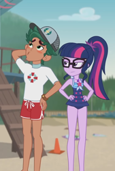 Size: 730x1080 | Tagged: safe, derpibooru import, screencap, sci-twi, timber spruce, twilight sparkle, better together, equestria girls, unsolved selfie mysteries, clothes, cropped, duo, female, glasses, male, sci-twi is not amused, sleeveless, swimsuit