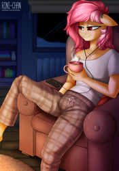 Size: 2000x2864 | Tagged: safe, artist:rinikka, derpibooru import, oc, oc only, oc:cotton seams, anthro, pegasus, bookshelf, chair, clothes, cup, detailed background, earbuds, food, night, not flutterbat, not fluttershy, pajamas, phone, rug, sitting, snow, snowfall, solo, tea, window