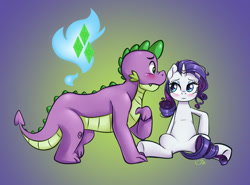 Size: 600x445 | Tagged: safe, artist:pia-sama, derpibooru import, rarity, spike, dragon, pony, unicorn, blushing, body swap, fanfic, fanfic art, fanfic cover, female, horn, horn ring, jewelry, male, mare, older, older spike, quadrupedal spike, ring, shipping, sparity, straight