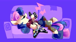 Size: 4096x2301 | Tagged: safe, artist:nekosnicker, derpibooru import, bon bon, sweetie drops, clothes, electric guitar, eyes closed, guitar, lesbian pride flag, lying down, musical instrument, playing instrument, pride, pride flag, ripped stockings, shirt, shorts, simple background, smiling, sofa, solo, sticker, stockings, studded bracelet, t-shirt, thigh highs, torn clothes, wristband