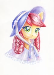 Size: 859x1200 | Tagged: safe, artist:maytee, derpibooru import, roseluck, earth pony, pony, alternate hairstyle, bust, clothes, colored pencil drawing, female, hat, looking at you, mare, portrait, simple background, smiling, smiling at you, solo, traditional art, white background