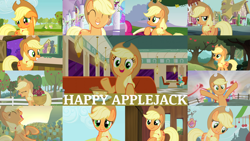 Size: 1280x721 | Tagged: safe, derpibooru import, edit, edited screencap, editor:quoterific, screencap, applejack, pinkie pie, earth pony, pony, a canterlot wedding, applejack's "day" off, bats!, call of the cutie, crusaders of the lost mark, hearthbreakers, princess twilight sparkle (episode), the last roundup, the saddle row review, the show stoppers, the ticket master, too many pinkie pies, ^^, apple, apple family member, applejack's hat, blushing, clothes, cowboy hat, cute, eyes closed, female, food, hat, honey curls, jackabetes, male, mare, mare e. lynn, offscreen character, open mouth, smiling, stallion, teeth, tree