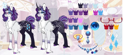Size: 1280x577 | Tagged: safe, artist:malinraf1615, derpibooru import, rarity, pony, unicorn, alternate design, alternate hairstyle, chest fluff, coat markings, curved horn, ear piercing, earring, female, glasses, horn, jewelry, magic, mare, necklace, piercing, redesign, reference sheet, ring, solo, unshorn fetlocks, wedding ring
