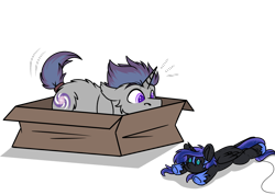 Size: 1152x821 | Tagged: safe, artist:rokosmith26, derpibooru import, part of a series, part of a set, nightmare moon, oc, oc only, oc:verlo streams, pony, unicorn, bait, behaving like a cat, box, butt fluff, cheek fluff, commission, ears, eyes on the prize, floppy ears, fluffy, horn, if i fits i sits, imminent pounce, looking at something, lying down, male, plushie, pony in a box, roko's hunting ponies, simple background, solo, stallion, string, tail, toy, transparent background, ych result