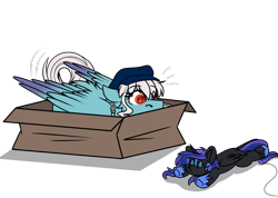 Size: 1152x821 | Tagged: safe, artist:rokosmith26, derpibooru import, part of a series, part of a set, nightmare moon, oc, oc only, oc:ice, pegasus, pony, bait, behaving like a cat, box, butt fluff, cheek fluff, commission, ear piercing, earring, ears, eyes on the prize, female, floppy ears, fluffy, hat, if i fits i sits, imminent pounce, jewelry, looking at something, lying down, mare, piercing, plushie, pony in a box, roko's hunting ponies, simple background, solo, string, tail, toy, transparent background, wings, ych result