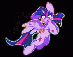 Size: 2600x2025 | Tagged: safe, artist:jamsuteki, derpibooru import, twilight sparkle, twilight sparkle (alicorn), alicorn, pony, big ears, black background, blushing, ears, heart eyes, high res, open mouth, open smile, simple background, smiling, solo, sparkly eyes, sparkly mane, wingding eyes