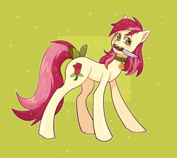 Size: 1704x1520 | Tagged: safe, artist:induk, derpibooru import, roseluck, earth pony, pony, blushing, bow, collar, commission, commissioner:doom9454, cute, fangs, knife, mouth hold, pet tag, pony pet, rosepet, sparkly eyes, tail bow, wingding eyes