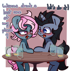 Size: 1296x1250 | Tagged: safe, artist:lou, derpibooru import, oc, oc:juicy dream, oc:trent, pony, unicorn, blushing, commission, dialogue, table