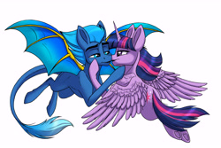 Size: 7593x5064 | Tagged: safe, artist:celestial-rainstorm, derpibooru import, twilight sparkle, twilight sparkle (alicorn), oc, oc:blueflame, alicorn, bat pony, pony, canon x oc, kissing, simple background, white background