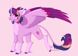 Size: 2409x1748 | Tagged: safe, artist:nyota71, derpibooru import, twilight sparkle, twilight sparkle (alicorn), alicorn, pony, alternate design, alternate hairstyle, belly fluff, chest fluff, cloven hooves, coat markings, colored ears, colored eartips, colored hooves, colored wings, curved horn, ethereal mane, female, hair bun, horn, leonine tail, looking at you, mare, multicolored wings, redesign, smiling, solo, starry wings, unshorn fetlocks, wings