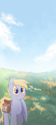 Size: 1080x2400 | Tagged: safe, artist:melonmilk, derpibooru exclusive, derpibooru import, derpy hooves, dopey hooves, pegasus, pony, background, bag, cute, derpabetes, food, male, muffin, nature, phone wallpaper, rule 63, saddle bag, scenery, solo, stallion, wallpaper