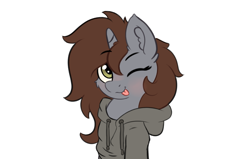 Size: 2549x1621 | Tagged: safe, artist:yelowcrom, derpibooru import, oc, oc only, oc:arjin, pony, unicorn, blushing, bust, cheek fluff, clothes, cute, ear fluff, ears, hoodie, one eye closed, simple background, tongue, tongue out, wink