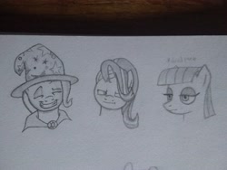 Size: 3264x2448 | Tagged: safe, artist:unithiccy, derpibooru import, maud pie, starlight glimmer, trixie, earth pony, pony, unicorn, bust, clothes, female, grin, hat, high res, mare, photo, smiling, traditional art, trixie's hat