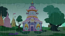 Size: 1280x720 | Tagged: safe, derpibooru import, screencap, season 1, the ticket master, background, carousel boutique, no pony, ponyville, rain, scenic ponyville, tree