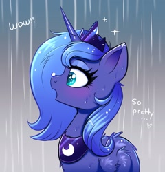 Size: 1952x2036 | Tagged: safe, artist:confetticakez, derpibooru import, princess luna, alicorn, pony, blushing, bust, crown, cute, dialogue, female, filly, jewelry, lunabetes, mare, open mouth, ponies balancing stuff on their nose, portrait, profile, rain, rain drops, regalia, s1 luna, solo, wet, woona, younger