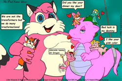 Size: 1176x782 | Tagged: safe, artist:malortcomics, derpibooru import, spike (g1), oc, dragon, fox, cassie (dragontales), dragon tales, fat, g1 spike is not amused, tongue, tongue out, unamused, wendy o. koopa