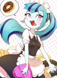 Size: 2044x2769 | Tagged: safe, artist:nendo, derpibooru import, sonata dusk, equestria girls, breasts, clothes, donut, drool, food, maid, open mouth, thinking, tongue, tongue out