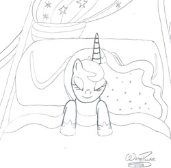 Size: 1024x1007 | Tagged: safe, artist:writepillar, derpibooru import, princess luna, alicorn, pony, bed, cute, female, lunabetes, mare, monochrome, sleeping, solo