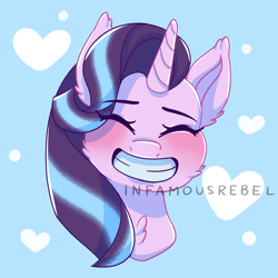 Size: 2900x2900 | Tagged: safe, artist:infamousrebel, derpibooru import, starlight glimmer, pony, unicorn, blushing, bust, cheek fluff, chest fluff, cute, doodle, ear fluff, ears, eyes closed, female, glimmerbetes, grin, heart, high res, mare, portrait, smiling, solo