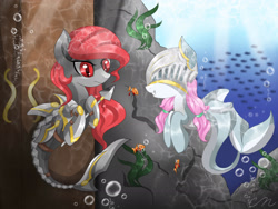 Size: 2048x1536 | Tagged: safe, artist:chaosphantom444, derpibooru import, oc, oc only, fish, seapony (g4), armor, bubble, crepuscular rays, fish tail, looking at each other, ocean, red eyes, seaweed, signature, smiling, spear, sunlight, tail, underwater, water, weapon