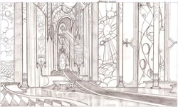 Size: 1337x801 | Tagged: safe, artist:davedunnet, derpibooru import, canterlot castle, concept art, monochrome, official art, pencil drawing, sketch, stained glass window, throne room, traditional art