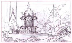 Size: 1151x694 | Tagged: safe, artist:davedunnet, derpibooru import, bridge, concept art, flag, monochrome, official art, pencil drawing, ponyville, ponyville town hall, sketch, town hall, traditional art, tree