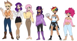 Size: 1342x720 | Tagged: safe, artist:nia1x, derpibooru import, applejack, fluttershy, pinkie pie, rainbow dash, rarity, twilight sparkle, human, abs, alternate hairstyle, applejack's hat, armpits, ball, bandaid, belt, boots, bra, bra strap, bubblegum, choker, clothes, converse, cowboy boots, cowboy hat, elf ears, eyeshadow, female, flannel, flats, food, freckles, glasses, grin, gum, hat, high heel boots, high heels, humanized, jeans, jewelry, leggings, lipstick, makeup, mane six, midriff, necklace, nylon, one eye closed, pants, shirt, shoes, short shirt, shorts, simple background, size difference, skirt, smiling, stockings, sweater, sweatershy, tanktop, thigh highs, underwear, white background, wink