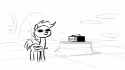 Size: 960x540 | Tagged: safe, artist:imsokyo, scootaloo, spike, sweetie belle, dragon, pegasus, pony, unicorn, animated, black and white, boombox, dancing, female, filly, grayscale, male, microphone, monochrome, mp4, singing, sound
