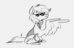 Size: 1074x706 | Tagged: safe, artist:imsokyo, oc, oc only, oc:blue skies, pegasus, pony, clothes, grayscale, jacket, male, monochrome, pointing, simple background, sitting, solo, stallion, sunglasses, white background, wing hands