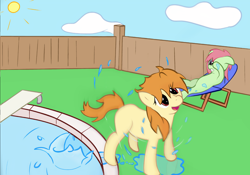 Size: 3288x2300 | Tagged: safe, artist:mlpfimguy, oc, earth pony, pony, behaving like a dog, covering, cute, diving board, drying, female, fence, missing cutie mark, poolside, shaking, splash, unaware, wet