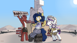 Size: 1920x1080 | Tagged: safe, artist:triplesevens, oc, oc only, oc:boysenberry, oc:dragonfire(havock), oc:flash reboot, dracony, hybrid, pony, unicorn, bandit, desert, face paint, impending disaster, looking at you, outdoors, root beer, sign, sitting, smiling, trio