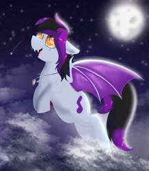 Size: 1337x1535 | Tagged: safe, artist:dicemarensfw, derpibooru import, oc, oc:tune chaser, bat pony, pony, adorable face, beautiful, cloud, commission, cute, digital, dog tags, ear piercing, earring, fangs, flying, jewelry, moon, moonlight, night, photo, piercing, raffle, raffle winner, scar, shading, shooting star, solo, spread wings, stars, wings