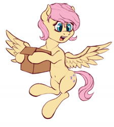 Size: 1280x1423 | Tagged: safe, artist:razzleddazzled, derpibooru import, fluttershy, pegasus, pony, alternate hairstyle, belly button, box, female, flying, mare, open mouth, short hair, short mane, solo