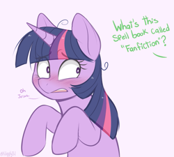 Size: 987x887 | Tagged: safe, artist:higglytownhero, derpibooru import, twilight sparkle, unicorn twilight, pony, unicorn, blushing, dialogue, embarrassed, fanfic, female, implied spike, mare, offscreen character, simple background, solo, white background