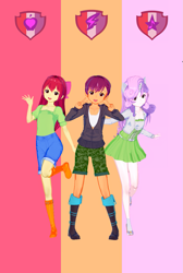 Size: 871x1300 | Tagged: safe, alternate version, artist:脉脉子, derpibooru import, apple bloom, scootaloo, sweetie belle, equestria girls, abstract background, boots, clothes, cutie mark, cutie mark crusaders, female, jacket, shoes, shorts, skirt, smiling, solo, the cmc's cutie marks