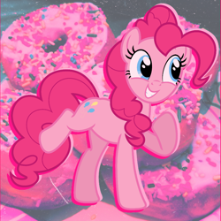 Size: 1000x1000 | Tagged: safe, artist:shycookieq, derpibooru import, pinkie pie, earth pony, pony, donut, eyelashes, female, food, grin, mare, raised hoof, raised leg, smiling, solo